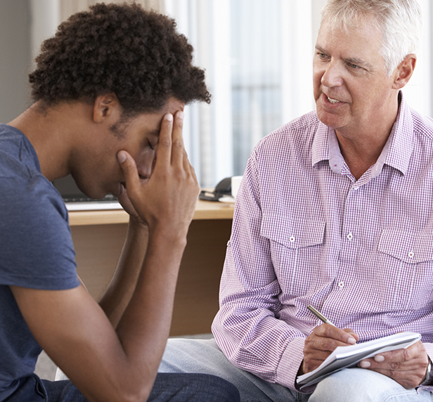 A man tells his therapist about his struggles with substance abuse.